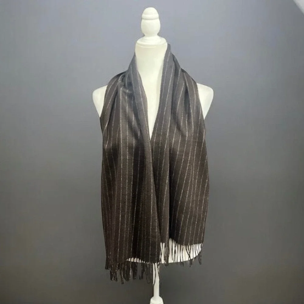 Luxury 100% Cashmere Black Brown 1826 Pinstripe Scarf Fringe Soft